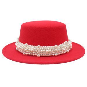 Flat Top Pearl Fedoras hoeden voor vrouwen imitatie wol jazz cap dames Franse tophoed elegante bowler hoeden vilt schatje cap sunhat