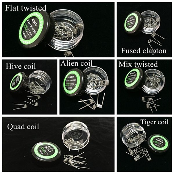 Fil torsadé plat Bobines de clapton fondues Fils d'enveloppe préfabriqués Hive Alien Mix torsadé Quad Tiger 7 Résistance de chauffage différente 10pcs / boîte RBA DHL