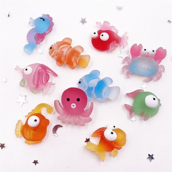 cabochons en résine à dos plat Décoration ArtisanatFigurines Miniatures 10pcs Coloré Résine Poisson Crabe Hippocampe Calmar Styles Océan Animal F282h