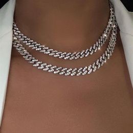 Flatfoosie Goud Zilver Kleur Iced Out Strass Choker Ketting Vrouwen Bling Cubaanse Link Chain Kristallen Ketting Hiphop Sieraden 092294T