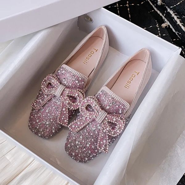 Flats 4143 Big Size Crystal Bow Shoes Flat Beading Beading Ballet Ballet Transportable Flatos Belleza Moccasina Zapatos para mujeres