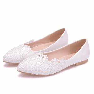 Flats Comemore 2023 Zomer Ballet Flats White Lace Bruid Trouwschoenen Flat Low Heel Casual zonder hakken Dameskledingpompen Zoet 34