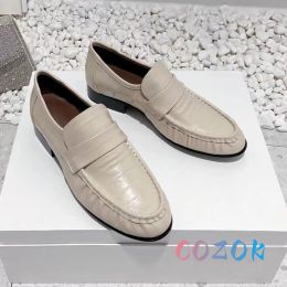 Flats concis plissé en cuir gris molages plats pour femmes chaussures de marche en cuir en cuir rond