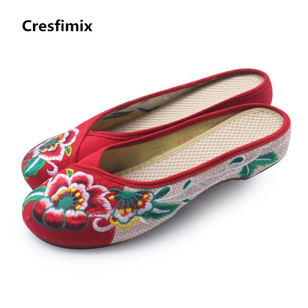 Flats Cresfimix Women Lindo Chino Vintage Vintage Zapatos de tela bordada Dama Lindo Slip en Sandal Zapatos Femeninos