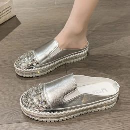 Flats cristaux rond TOE Cuir chaussures chaussures femme argent bling mots de plate-forme couple chaussures de plate-forme femme plate avec les élèves taille 43