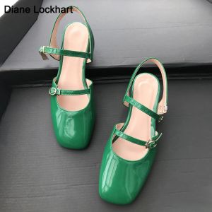 Flats Fashion Women Mary Jane Style Twee dames lage hiel ondiepe mond vierkant teen vaste kleur feest kleding schoenen groen roze rood rood