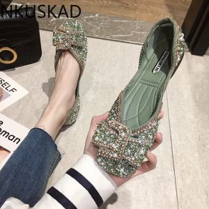 Flats dames bling kristal diamant zwart roze jurk flats dames boog pailletten enkele schoenen strass strass glitter square teen ballet flats