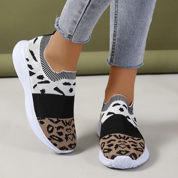 Flats Lucyever 2023 Léopard Print Flats Chaussures Femmes Slip on Breathable Mesh Femme Sneaker décontractée Comfort Chaussures de marche sans glissement 42