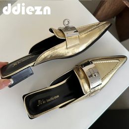 Flats Metal Shallow Mules Female Women For Slides Fashion Footwear Pointed Toe Ladies Slippers Sandals Shoes B
