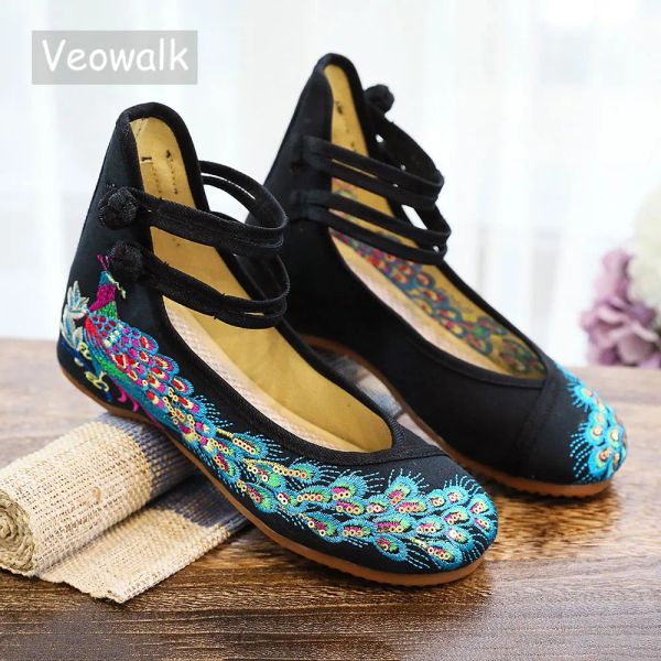 Flats Veowalk Glitter Sequins Bordado de pavo Pavo Bordado Mujeres Ballet Ballet Flatas Damas Casco Caminata Estilo chino Algodón de algodón