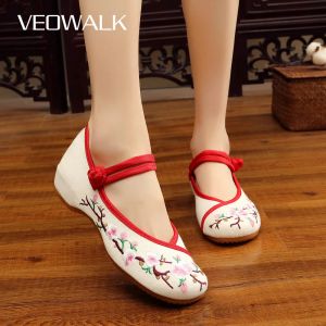 Flats VeoWalk Nieuwe Spring Plum Borduurde vrouw Casual katoenen schoenen Old Beijing Style Ballet Flat Handmade Riemschoenen