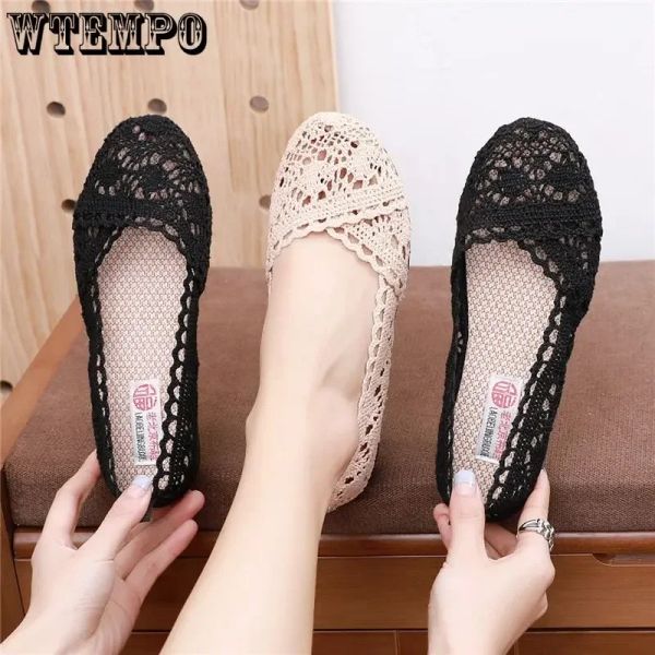 Appartements wtempo mode femme chaussure plate chaussure creux de tissu chaussures de ballerine chaussure plate femme haleine émail enrage respirant en dentelle