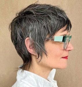 Peinado favorecedor Pelucas cortas de cabello humano con corte de duendecillo gris con flecos de plumas y patillas más largas salmonete de duendecillo gris con flequillo las mejores caras cuadradas ovaladas en forma de corazón