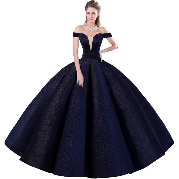 Flatteur hors épaule bleu marine scintillant robe de Quinceanera robe de bal volumineuse boîte plissée en forme de V tulle évider décolleté jupe douce 16 robe