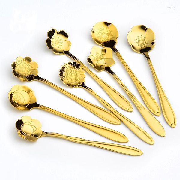 Couverts Ensembles 10pcs Haute Qualité Plaqué Or En Acier Inoxydable Vaisselle Café Cuillère Remuer Gelée Dessert Ensemble