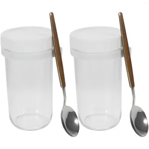 Couverts Ensembles 2 Pcs Mason Cup Cuillère Bocaux Avoine Conteneurs En Verre Pendant La Nuit Petits Couvercles Couvercle Anti-Fuite