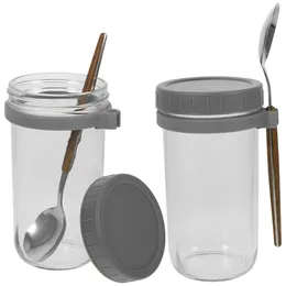 Juegos de cubiertos 2 piezas Mason Cup Spoon Overnight Oat Jars Tapa Contenedor Cubierta 17.5X9CM Pequeños recipientes de vidrio Tapas Madera gris
