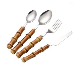 Ensembles de couverts 20 ensemble/lot ensemble de vaisselle 18/10 vaisselle en acier inoxydable bambou naturel couteau à main fourchette cuillère couverts de luxe