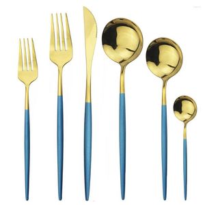 Couverts Ensembles 24pcs Blue Gold Set Couteau Fourchette Cuillère Couverts 304 Vaisselle en acier inoxydable Miroir Vaisselle Argenterie