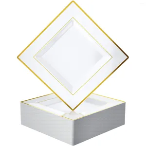 Flatware Sets 25 Pack Plastic Dinner Plates- vierkante gouden borden met elegante rand 9,5 inch voor bruiloft verjaardagsfeestje