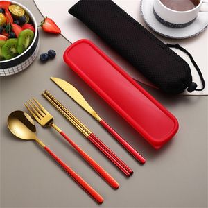 Flatware sets 304 serviesgoed Set Camping Travel Gouden Mes Vork Lepel draagbare bestek met Case Kitchen Accessories 2023