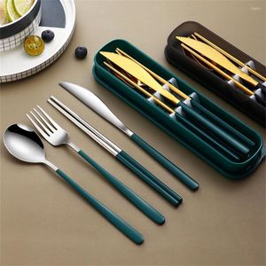 Flatware Sets 304 Dinnerware Set Kitchen Accessories Camping Travel Gold Knife Fork Spoon Portable Cutlery With Case 4Pcs