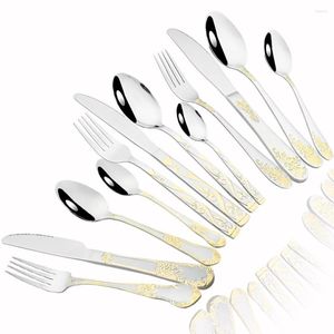 Flatware sets 304 roestvrij staal servies eigendomswerk hoogwaardige mesvork lepels bestek kits goud vergulde bloemenpatroon servies drop