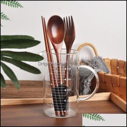 Juegos de cubiertos 3 Unids / set Cuchara de madera natural Tenedor Juego de vajilla Cubiertos Palillos Madera Arroz Sopa Setflatware Drop Deliv Carshop2006 Dhjyc