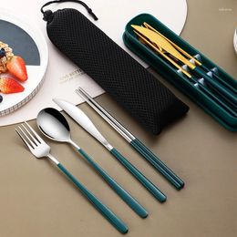 Ensembles de couverts 4 pièces 304 Kit de vaisselle en acier inoxydable couteau portable fourchette cuillère baguettes ensemble de couverts avec boîte pique-nique en plein air voyage