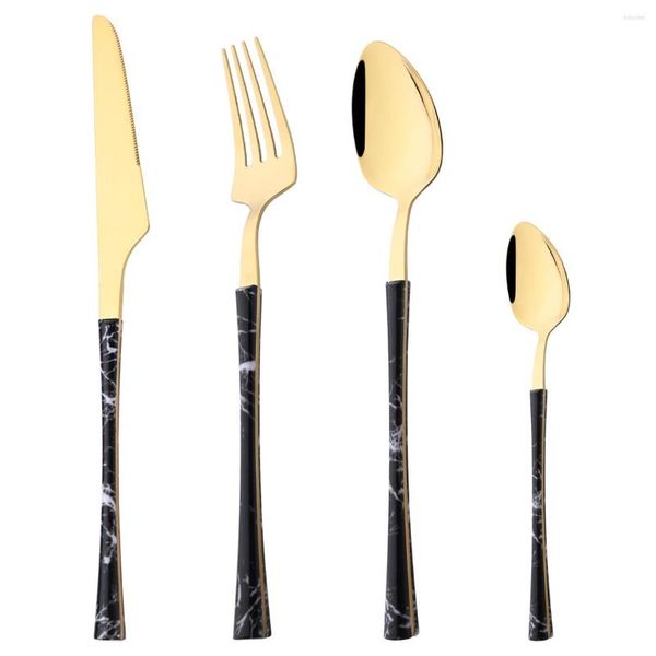 Ensembles de couverts 4 pièces/ensemble vaisselle en or noir couteau en acier inoxydable fourchette cuillères vaisselle Imitation manche en bois ensemble de couverts cuisine