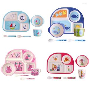 Flatware sets 5 -delige peuter kinderen bamboe servies set cartoon dierplaat voeding borden kom lepel vork cup service cadeaus q0ka