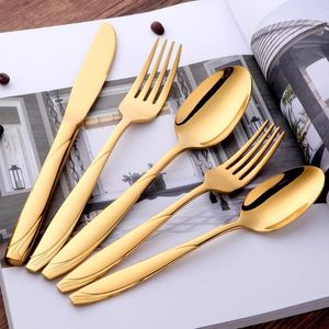 Flatware sets 5 stks gouden set 304 roestvrijstalen bestek steak mes dessert vork lepel kit western servies customs logo accepteren