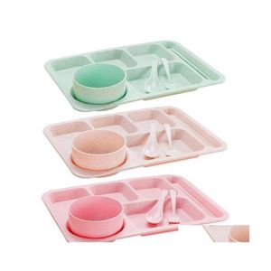 Besteksets 5-delig Verdeeld dinerdienblad Lunchcontainer Bord Schoolkantine Gemakkelijk schoon te maken Stapelbaar eetgereedschap Bestek Drop D D Otgh2