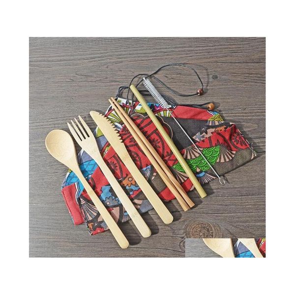 Ensembles de couverts 6 modèles ensemble de bambou 7 pièces / ensemble couverts portables avec sac en tissu vaisselle couteau fourchette cuillère baguettes St vaisselle goutte DH91B