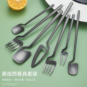 Flatware sets 7 stks westers zwart servies bestek set creativiteit mini hangende beker type mes mes vork lepel roestvrijstalen luxe serviesgoed