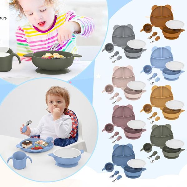 Ensembles de couverts Assiette à manger pour bébé, aspiration pour enfants, vaisselle en Silicone sûre, dessin animé mignon, vaisselle d'entraînement pour tout-petits, bol d'alimentation L4Flatware Flatware