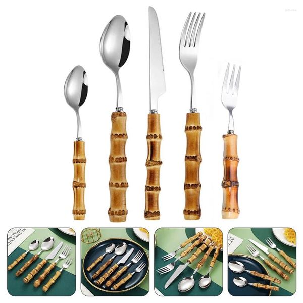 Ensemble de couverts en bambou Set Set Steak Fork Spoon Kit Portable Dîle Varelle en acier inoxydable Voyage occidental