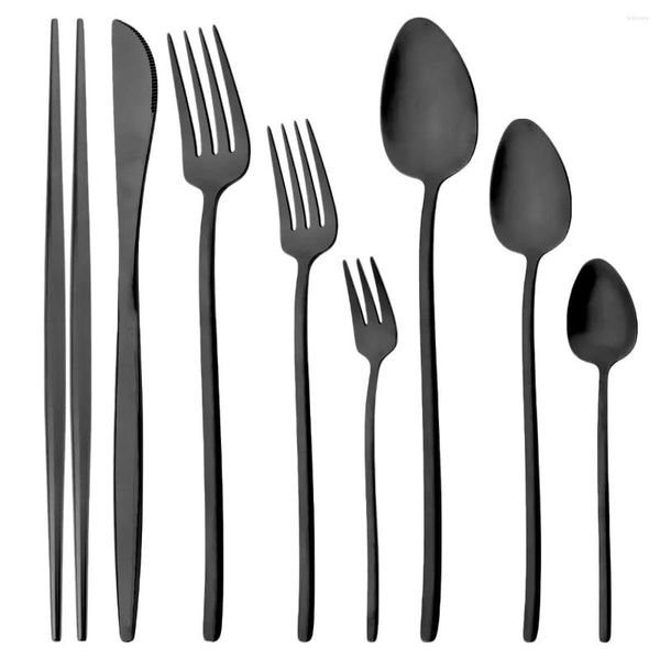 Juego de cubiertos, juego de cubiertos negros, vajilla de acero inoxidable, tenedor de cena para el hogar, cuchara de té, cuchillo de postre, vajilla de cocina