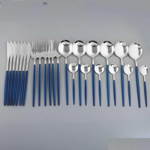 Ensembles de couverts Vaisselle noire Mirro 24pcs 304 couverts en acier inoxydable cuillère fourchette couteau ensemble maison or vaisselle écologique Q230828 D Dhwxd