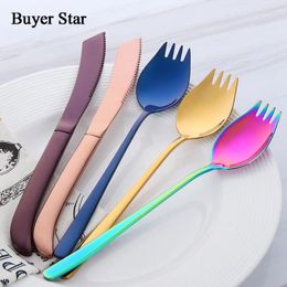 Ensembles de couverts Acheteur Star Couteau à steak et Spork Ensemble de couverts en acier inoxydable Vaisselle élégante Cuillère Fourchette Combiner Service d'or pour 4