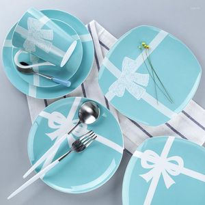 Flatware sets keramiekkom ontbijt fruitsalade suiker dessert bord mokken botten porselein keukengerei Gereedschappen bruiloft geschenken blauw