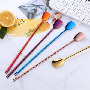 Flatware sets creatieve roestvrij staal geïntegreerde ijs schep lepel balk lange handgreep barman roer staaf dubbele kop dessert fruit thee vork