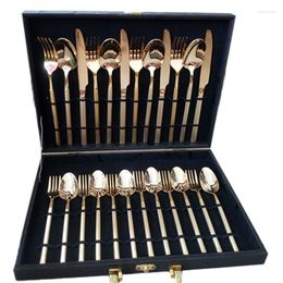 Conjuntos de cubiertos Tenedor dorado Cuchillo para carne Cuchara Vajilla Lujoso estilo occidental Cubierta de oro real Juego completo de regalo 24 unids / set