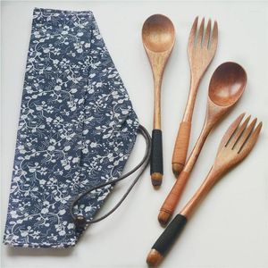 Flatware sets Japanse Korea-stijl houten vork lepel tweedelig pak reistabiel servies servies voor servies servies servies zakvakken WB362