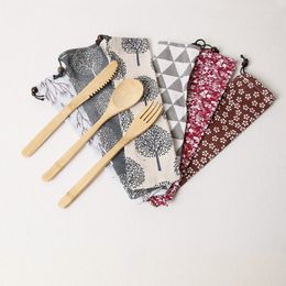 Flatware sets Japanse stijl draagbaar tafelwerk set bamboe mes lepel vork met trekkoorddoektas bestekgroothandel groot