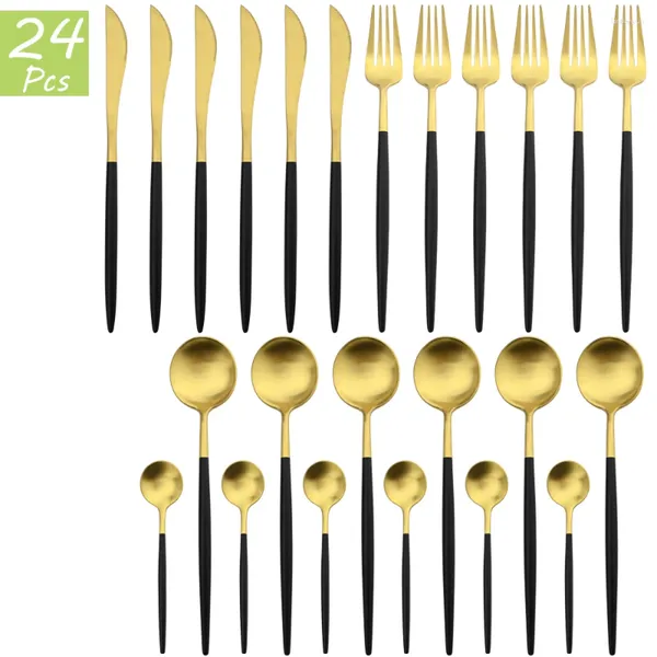 Sets Flatware Cuchara de té Cuchara de té Western 18/10 Caderas de acero inoxidable Caderas Cilantillas 24 piezas de vajilla de oro negro