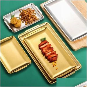 Besteksets Koreaanse stijl 304 roestvrijstalen vierkante barbecueplaat Gouden rechthoekige lade Westerse snack Platte ambachtelijke ornamenten Drop Del Otmoi
