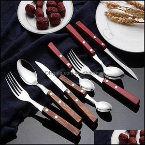 Flatware sets natuurlijke servies sets houten handgreep 304 roestvrij staal flatware vork mes theelepel lepel keukenbar gebruiksvoorraad supply dh3e1