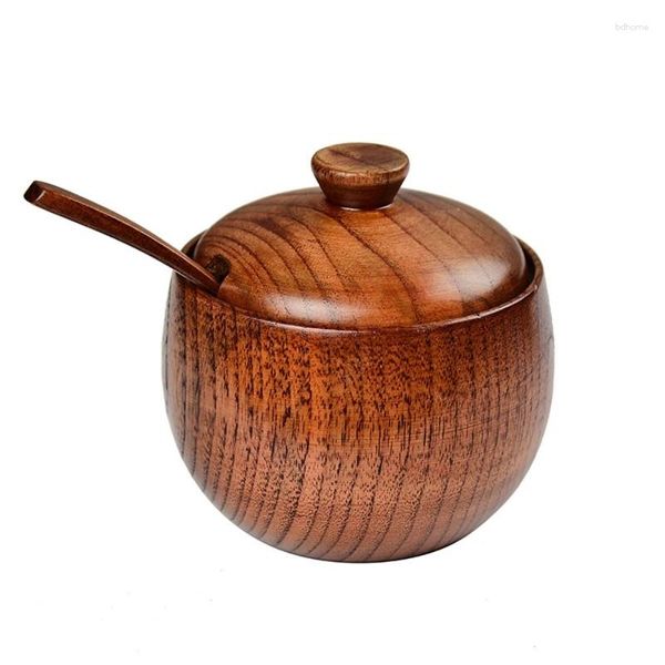 Ensembles de couverts pot à épices en bois massif sucrier sel poivre assaisonnement boîte cuillère japonaise et outil de cuisine avec couvercle