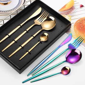 Flatware sets roestvrijstalen bestek vierkoppige set platte handvat Portugees goud vergulde setflatware